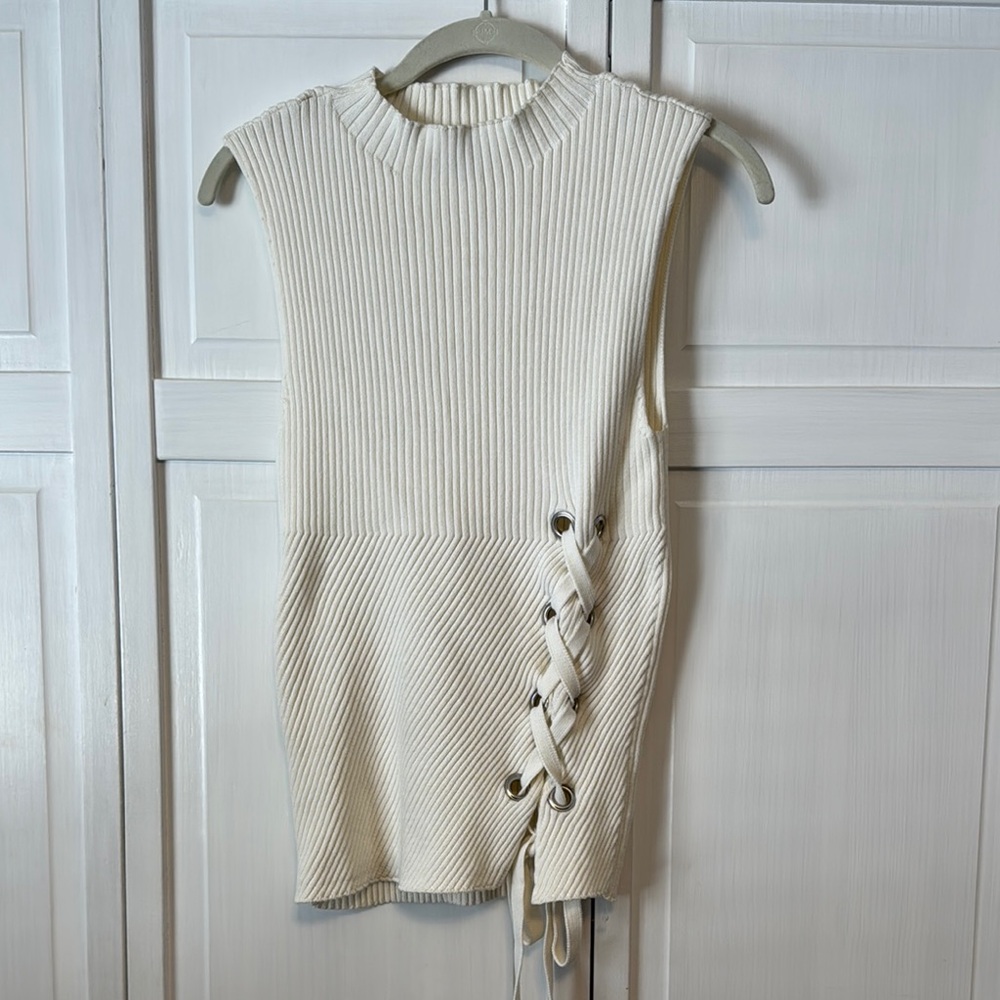 Express Cream Tank Top with Ribbed Texture and Tie Front